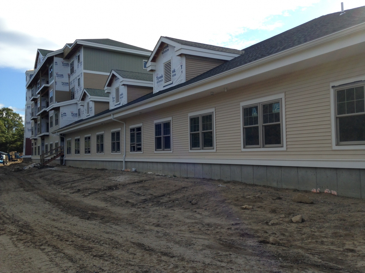 Commercial Gutters on Rear of  New senior Living Building in Buzzards Bay