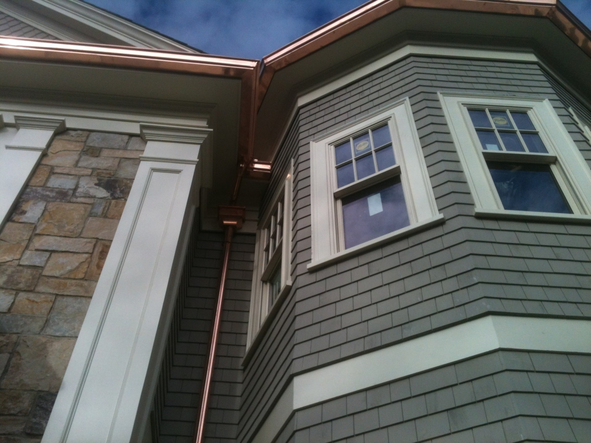 Copper Gutter and Downspout on a private residence in Wayland, MA